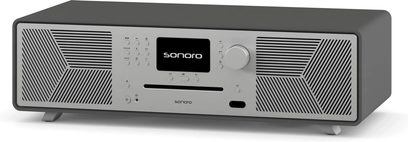 Sonoro Meisterstück alt-i-ét hi-fi-system i mat grafit og sølv set forfra, med integreret CD-afspiller