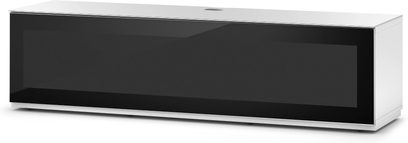 Mobile TV Sonorous Studio STA160I-WHT-BLK, bianco e nero lucido, vista frontale, anta in vetro nera al centro, ripiano aperto sottostante