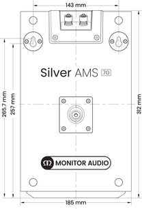 Dolby Atmos-högtalare Monitor Audio Silver AMS 7G i svartlackerad finish, frontvy med dimensioner: 143 x 185 x 312 mm