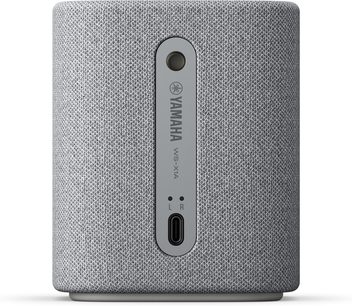 Enceinte sans fil connectée Yamaha WS-X1A gris clair, finition argent, vue de face, grille métallique, bouton central