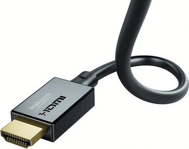 Inakustik Star II 48G HDMI kábel, 1 m, aranyozott csatlakozóval, fekete burkolattal, perspektivikus nézet, a kábel hurkot formáz