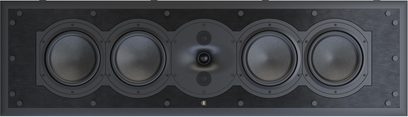 Indbygget væghøjttaler Perlisten R7i-C i sort, metalbaffle, set forfra, 4 woofere og centralt modul med 3 transducere