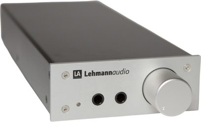 Hodetelefonforforsterker Lehmann Audio Linear D MKII sølv, børstet sølv frontpanel, stor volumknapp og to hodetelefonutganger