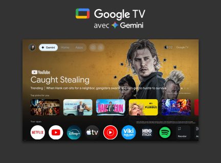 Interface Google TV com Gemini exibindo o filme Caught Stealing e aplicativos de streaming na tela da televisão