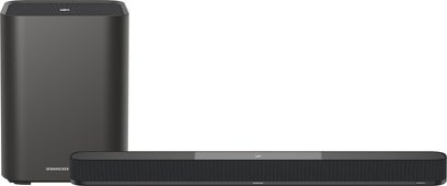 Soundbar Sennheiser AMBEO Soundbar Plus + SUB černý, pohled zepředu, s obdélníkovým subwooferem