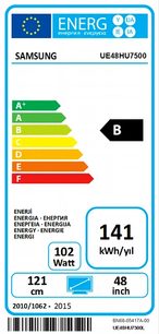 Energimærke for et Samsung UE48HU7500 TV, der viser energiklasse B og et energiforbrug på 141 kWh/år