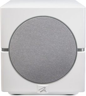 Subwoofer Dynamo 10 blanco lacado, vista frontal, forma cúbica, rejilla circular gris en el centro, logotipo en la parte inferior