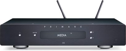 Primare I15 Prisma sort hi-fi stereoforstærker, frontvisning, 2 knapper, "MEDIA 15" display, 2 Wi-Fi-antenner på toppen