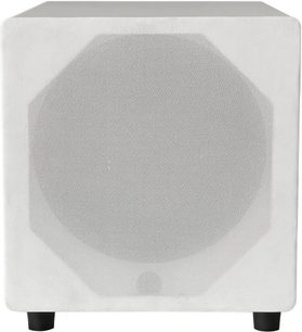 Velodyne Impact X12 hvid mat subwoofer, set forfra, afrundet kubisk form, ru hvid kornstruktur overflade