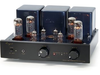 Schwarzer Cayin CS-55A EL34 Stereo-Röhren-Vollverstärker mit schwarzem Metallgehäuse, aus der Dreiviertelperspektive gesehen, ausgestattet mit drei dunkel lackierten Transformatorabdeckungen, acht sichtbaren Röhren auf der Oberseite und einer gebürsteten Front mit großen Lautstärke- und Wahlschaltern.