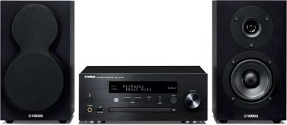 Mini-anlæg Hi-Fi Yamaha MCR-N470D Sort/Sort set forfra, 2 boghylde-højttalere, netværksforstærker-tuner med LCD-skærm