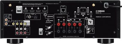 Yamaha RX-V485 sort home cinema-forstærker, set forfra, tilslutninger og knapper på forsiden, centralt display
