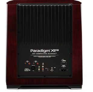 Paradigm XR 13 dark cherry subwoofer, front view, black grille, controls and connectors