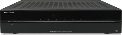 Russound MCA-66 amplificatore controller multizona nero, vista frontale, 6 LED verdi accese, pulsanti e porte sulla parte anteriore