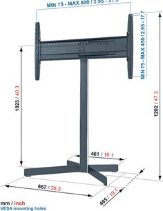 Vogel's EFF 8330 sort audio-/videomøbel med højdejusterbar hylde, detaljerede mål i mm og tommer