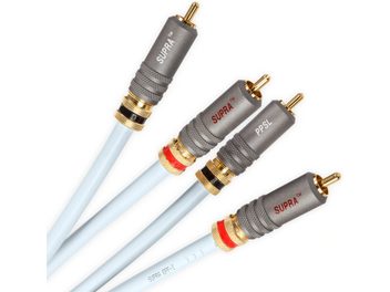 Kabel audio analogowy RCA Supra EFF-ISL 1m z szarymi wtykami, pozłacanymi stykami, pierścieniami w kolorze czerwonym i czarnym, jasnoniebieską osłoną