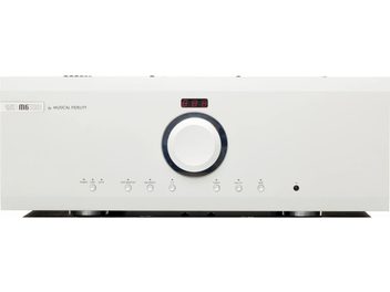 Stereo hi-fi integreret forstærker Musical Fidelity M6si500 sølv med rektangulær front, sølvfarvet cirkulær knap i midten omgivet af en sort ring, rød digital skærm øverst, 8 runde knapper på linje nederst