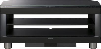 Sony RHT-G950 sort TV-møbel, set forfra, 2 åbne vandrette hylder, cylindriske sølvfarvede ben i enderne