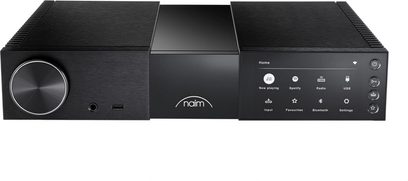 Naim Audio NSC 222 stereo forforstærker, mat sort rektangulært kabinet, front med LCD-skærm, drejeknapper og trykknapper