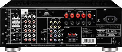Pioneer VSX-820 home theater receiver, front view, numerous audio/video inputs on the rear, adjustment buttons and knobs