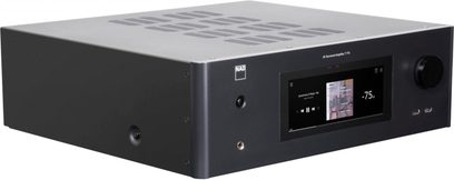 NAD T778 black home theater amplifier, front view, screen displaying "-75 dB", buttons and connectors visible