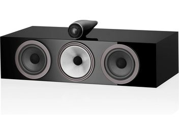 Altavoz central Bowers & Wilkins HTM71 S3 en negro lacado, vista frontal, 3 altavoces circulares alineados horizontalmente
