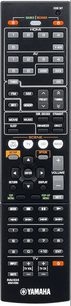 Télécommande noire Yamaha RX-V571 avec de nombreux boutons gris et orange, vue de face