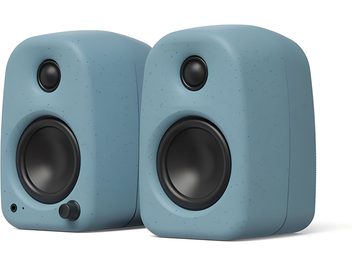 Pair of Kanto UKI matte blue, speckled light blue speakers with black drivers and front-panel knob