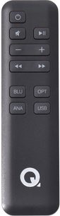 Sort fjernbetjening med 8 knapper til at styre lydstyrken, afspilning, Bluetooth, USB og andre funktioner
