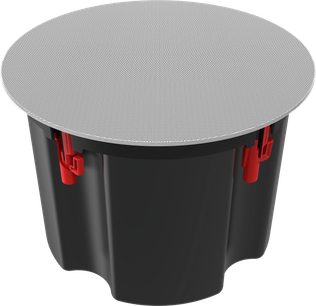 Zapuštěný subwoofer Klipsch PIC-800-T BW, perspektivní pohled, bílá perforovaná kruhová mřížka, černý kryt, červené úchyty
