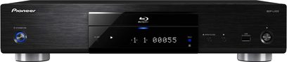 Pioneer BDP-LX55 sort Blu-ray-afspiller, set forfra, blå skærm, synlige knapper og stik