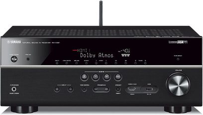 Yamaha RX-V681 sort home cinema-forstærker set forfra, rødt display, knapper og stik på forsiden