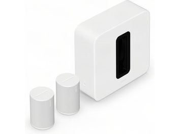 Bílý set Sonos s obdélníkovým subwooferem a dvěma malými válcovými reproduktory