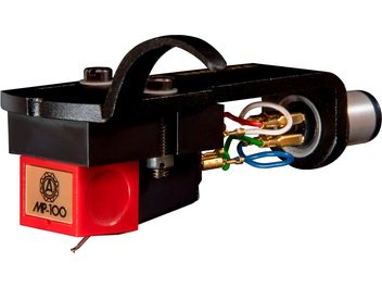 Nagaoka MP-100H red plastic phono cartridge mounted on a black metal headshell, gold label on the front, visible mounting screws and finger lift, exposed white, red, green, and blue cables, three-quarter front left view