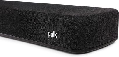Sort Polk React Sound Bar, tæt forfra på midterdelen, højttalerne dækket af vævet stofnet
