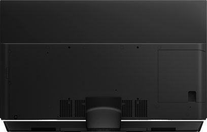 Panasonic TX-65FZ950E TV, set forfra, slukket skærm, sort, indbyggede højttalere, rektangulær base