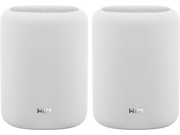 Par de colunas conectadas WiiM Sound Lite brancas cilíndricas em tecido de malha, conjunto de 2 vistas de frente