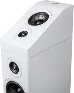 Polk Audio R900 højttaler i hvid, tæt forfra, centralhøjttaler og diskanthøjttaler synlige på den hvide frontpanel