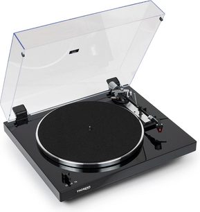Gramofon Thorens TD103A v černé lakové úpravě, pohled shora, otevřený kryt, rameno, černý talíř
