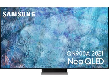 Plochý televizor Samsung QN900A 2021 Neo QLED zobrazující abstraktní obraz v modrých a fialových tónech