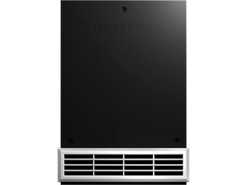 Beépíthető Bowers & Wilkins ISW-3 mélyláda, elölnézet, matt fekete, fémhatású panel, fehér lamellás rács