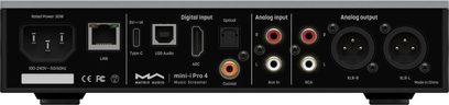 Matrix Audio Mini‑i Pro 4 netværksafspiller i sort og grå aluminium, bagfra, med IEC-strømstik, LAN-port, USB‑C, USB‑B, HDMI ARC, optisk Toslink-indgang, koaksial RCA-indgang, dobbelt analog RCA-indgang samt par af RCA- og balancerede XLR-udgange