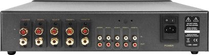Atoll Electronique AV500 silver multi-channel power amplifier (no trigger), front view, 5 channels, audio inputs and outputs