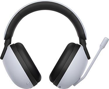 Sony Inzone H9 gamingheadset van wit en zwart tweekleurig plastic, met gewatteerde over-ear oorkussens, zwarte hoofdband en draaibare microfoonarm, vooraanzicht