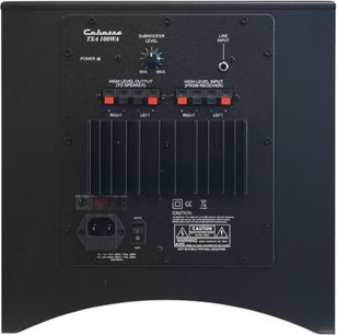 Santorin 17 M2 subwoofer sort, bagside, rektangulært sort panel, knapper, stik, hvide inskriptioner