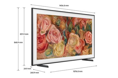 Samsung højdefinitions-tv F-TQ65LS03D-BF, set fra trekvart vinkel, sort ramme, skærm viser farverige roser