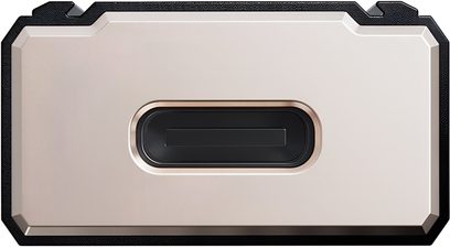 FiiO KA5 -kannettava äänimuunnin samppanjanvärisessä metallissa, edestä katsottuna, keskellä suorakulmainen musta näyttö ja mustat kulmikkaat reunat