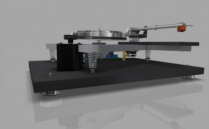 Gramofon Thorens TD 1601 v černém laku, pohled shora v perspektivě, raménko, talíř, ovládací tlačítka a konektory
