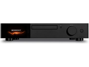 CD player high-fidelity Audiolab 9000CDT cu ecran afișând "9000CDT", sertar CD, buton rotativ, picioare cilindrice
