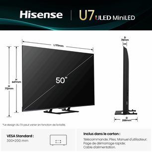 Televisor Hisense 50U7Q 50", preto, tela de vidro com bordas finas, parte traseira em plástico, pé central, vistas em três quartos e perfil